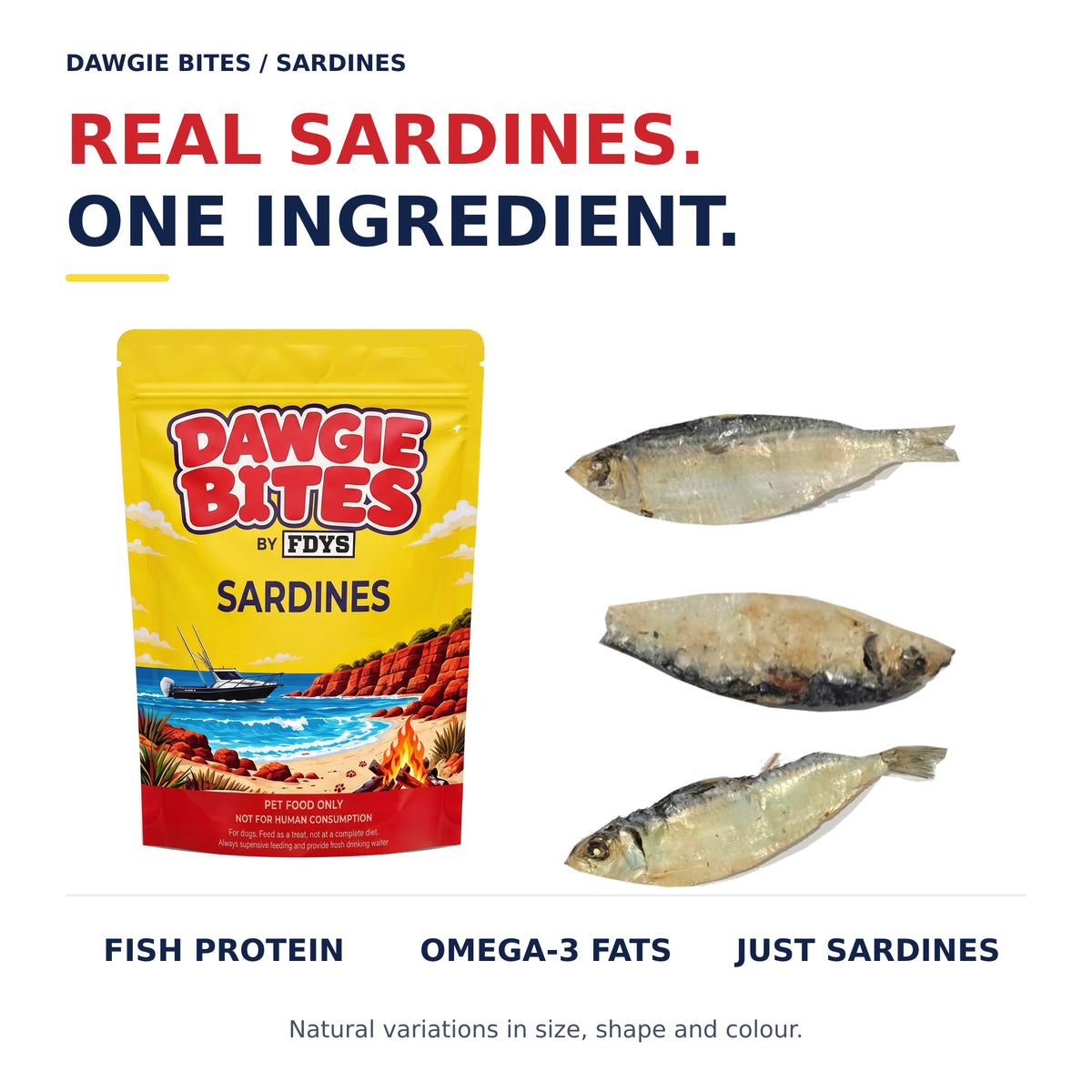 Dawgie Bites Sardines pouch and real sardine photographs on white, highlighting fish protein, omega-3 fats and one ingredient