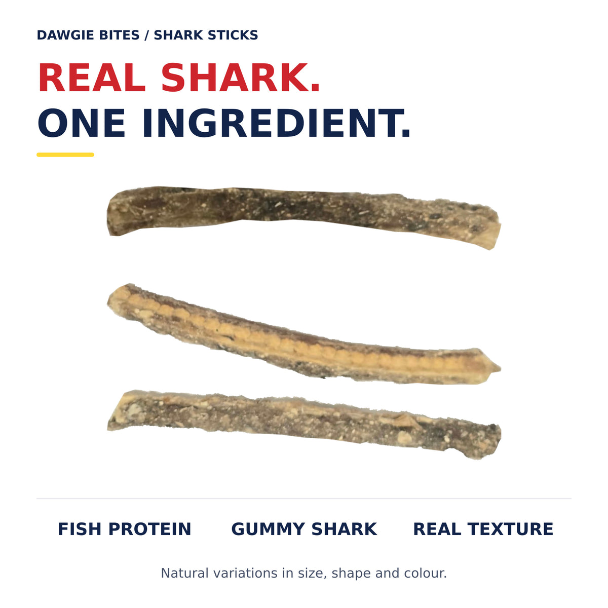Actual Dawgie Bites Shark Sticks photographed from both sides on a white background, with single-ingredient gummy shark captions.