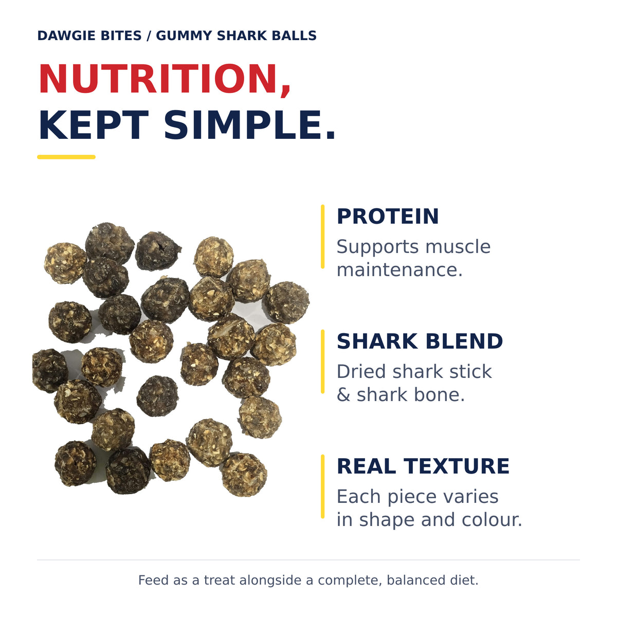 Actual gummy shark balls with captions about protein, the dried shark stick and shark bone blend, and natural texture.