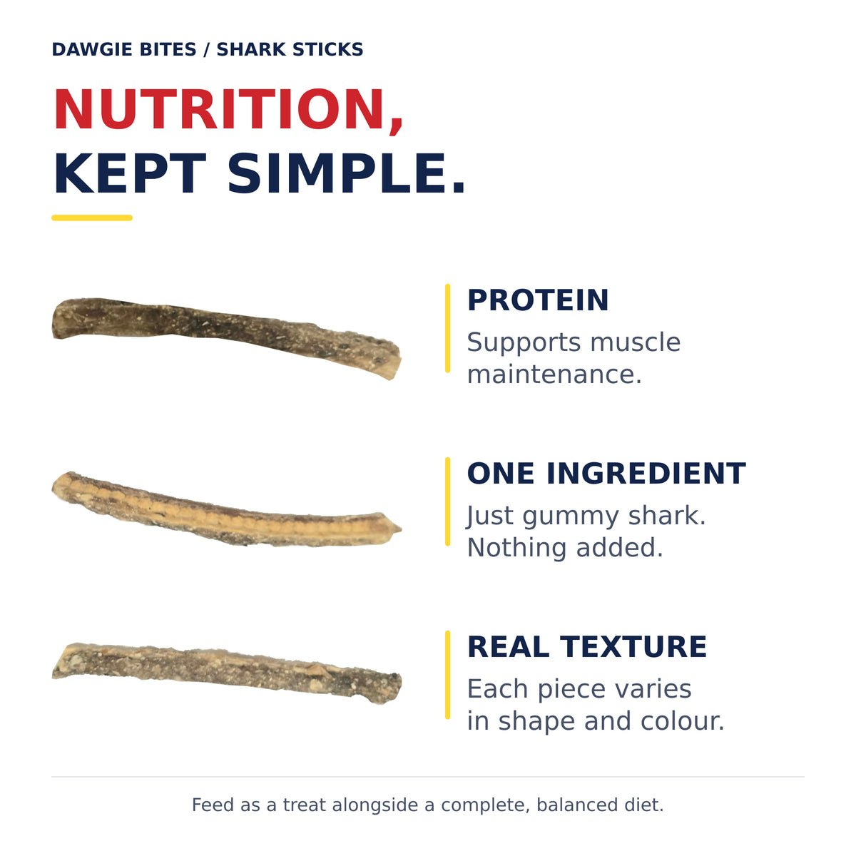 Real Shark Sticks with captions about protein, single-ingredient gummy shark and natural variation in shape and colour.