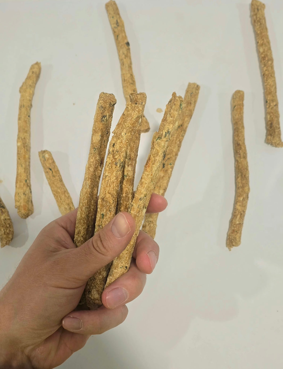 Hand holding actual Snapper Sticks dog treats, showing their colour, shape and texture.